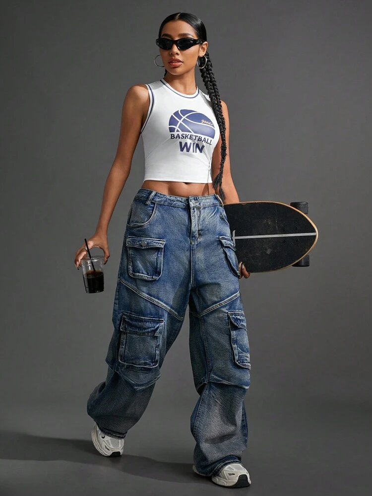 Women's Summer Casual Slim-Fit Basketball Letter Printed Cropped Sports Tank Top