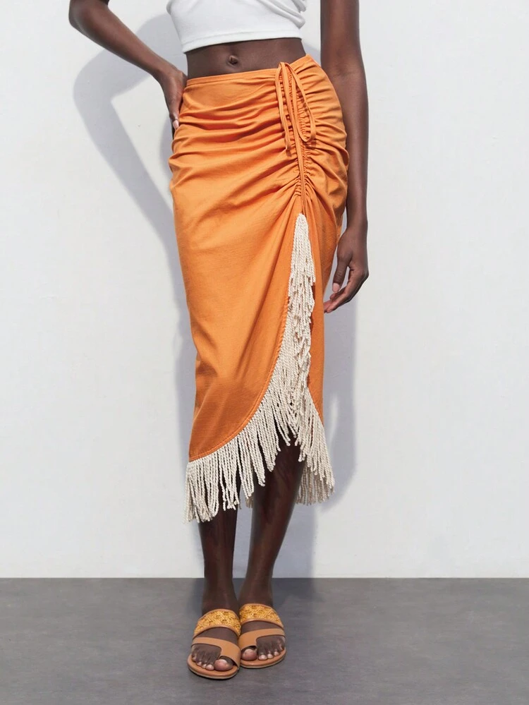 SHEIN Maija Women's Summer Holiday Fringed Hem Pleated Skirt