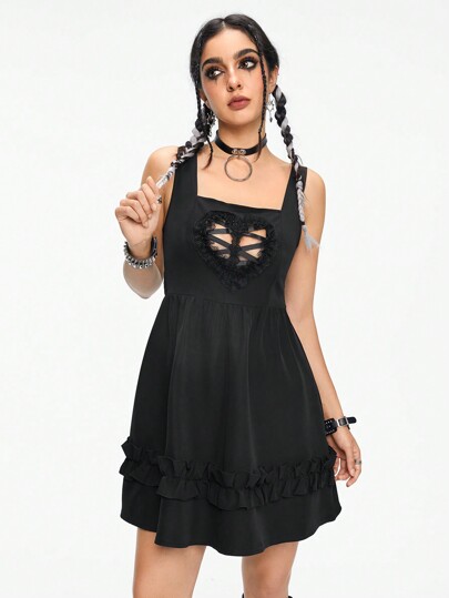 Goth Hollowed-Out Heart Shaped Contrast Lace Suspenders With A-Line Dress, Adjustable Waist Design For Women's Dress