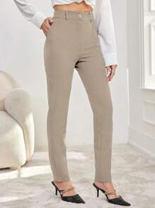 EURMUSE Ladies' Plain Simple Daily Suit Pants - Beige - View 4