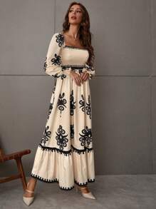 Breezaya Vintage Holiday Print Lantern Sleeve Dress With Empire Waist Maxi Vacation Beach Outfits Women - Apricot - View 6