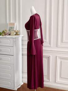 Modelyn Vestido árabe de manga larga elegante con cuello alto y bloqueo de color para mujer, vestidos largos de noche