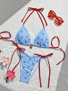 Swim Mod Set Bikini Estivo da spiaggia con stampa di ciliegie, con top con laccetto al collo halter e slip sexi per le donne