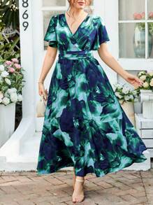 SHEIN Clasi 大码女式随机印花短袖扎染连衣裙长款女装 - 彩色 - 查看 2