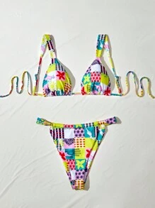 SHEIN Swim Women's Vacation Style Colorful Printed Bikini Set Summer - Multicolor - View 5