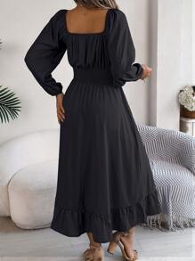 Real Shot Elegant V-Neck Cinched Waist Ruffle Hem Dress For Spring/Summer - Black - View 3