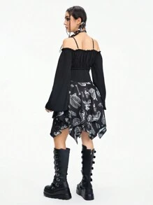 ROMWE Goth Skull Tank Dress With Lace-Up Detailing & Asymmetrical Hemline For Women - Black - View 5