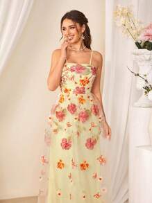SHEIN Belle Đầm nữ có dây thêu thanh lịch - Màu vàng - Xem 5