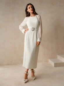 Anewsta Vintage Party Patchwork White Women's Woven Dress With Cinched Waist