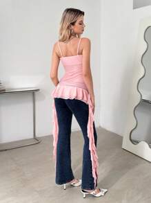 SHEIN ICON Top de tirantes finos transparente rosa con volantes multicapa y tirantes largos con estilo de medusa - Rosa - Ver 2