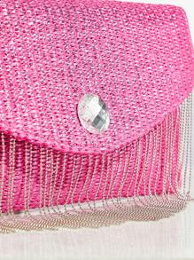 SHEIN SXY 女式時尚金屬塗層草編鍊條流蘇手拿包，完美適用於夏季和度假 - 玫紅色 - 查看 5