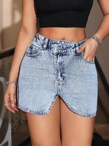 SHEIN EZwear Falda vaquera de verano de moda para mujer con bolsillos inclinados y diseño entallado al Body