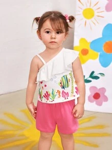 SHEIN Set aus Spaghetti-Träger Top und Shorts für Baby Mädchen im Sommer, tropisches Unterwasserwelt-Muster in Rot, Urlaubskleidung - Verschiedenfarbig - Übersicht 4