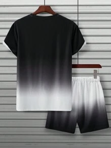 Manfinity Homme Men's Summer Letter Graphic Gradient Color Short Sleeve Casual T-Shirt And Drawstring Waist Shorts Set, Urban, Boyfriend Gift