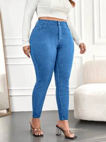 SHEIN Cottnline Women's Plus Size Slim Fit Jeans - Blue - View 4