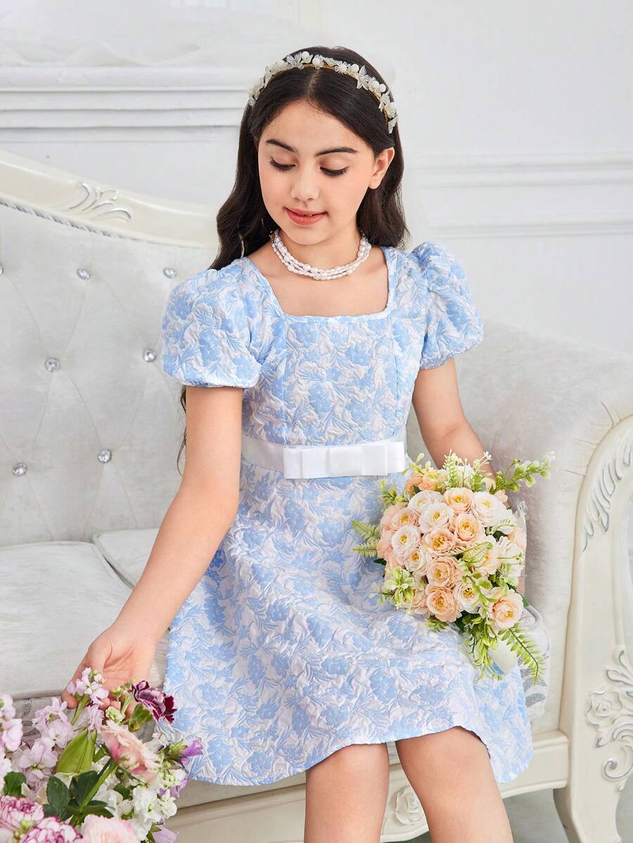 SHEIN Tween Girl Retro Puff Sleeve Square Neckline Dress With Bow Decoration And A-Line Hem - Blue - View 1