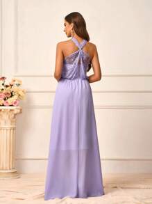 SHEIN Belle Vestido de dama de honor de línea A holgado y sin espalda, elegante y romántico con parches de encaje y chifón de color lila claro con cierre de gancho y ojo al cuello estilo halter - Púrpura malva - Ver 8