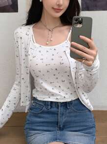 DAZY Women's Spring/Summer Floral Printed Long Sleeve Single-Breasted T-Shirt And Vest Set,Fall Clothes - White - View 4