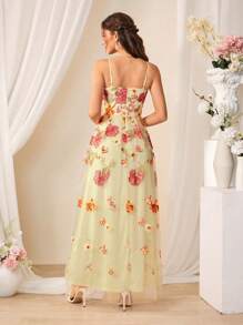 SHEIN Belle Đầm nữ có dây thêu thanh lịch - Màu vàng - Xem 2