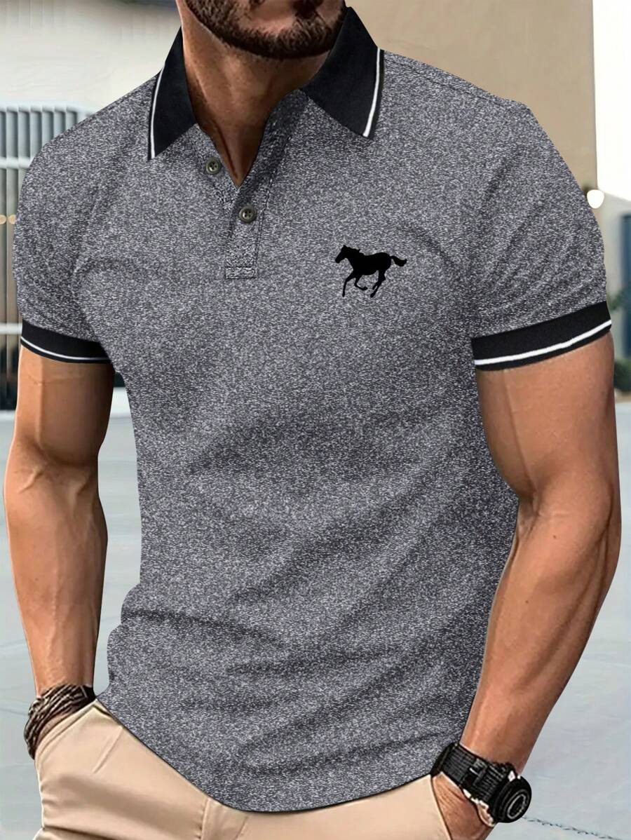 Chemise polo à manches courtes pour hommes avec imprimé cheval, style vintage et simple, col à revers, coupe slim et fine, pour les sports et le port casual, convient pour les activités de plein air, pour le golf - Gris - Voir 1