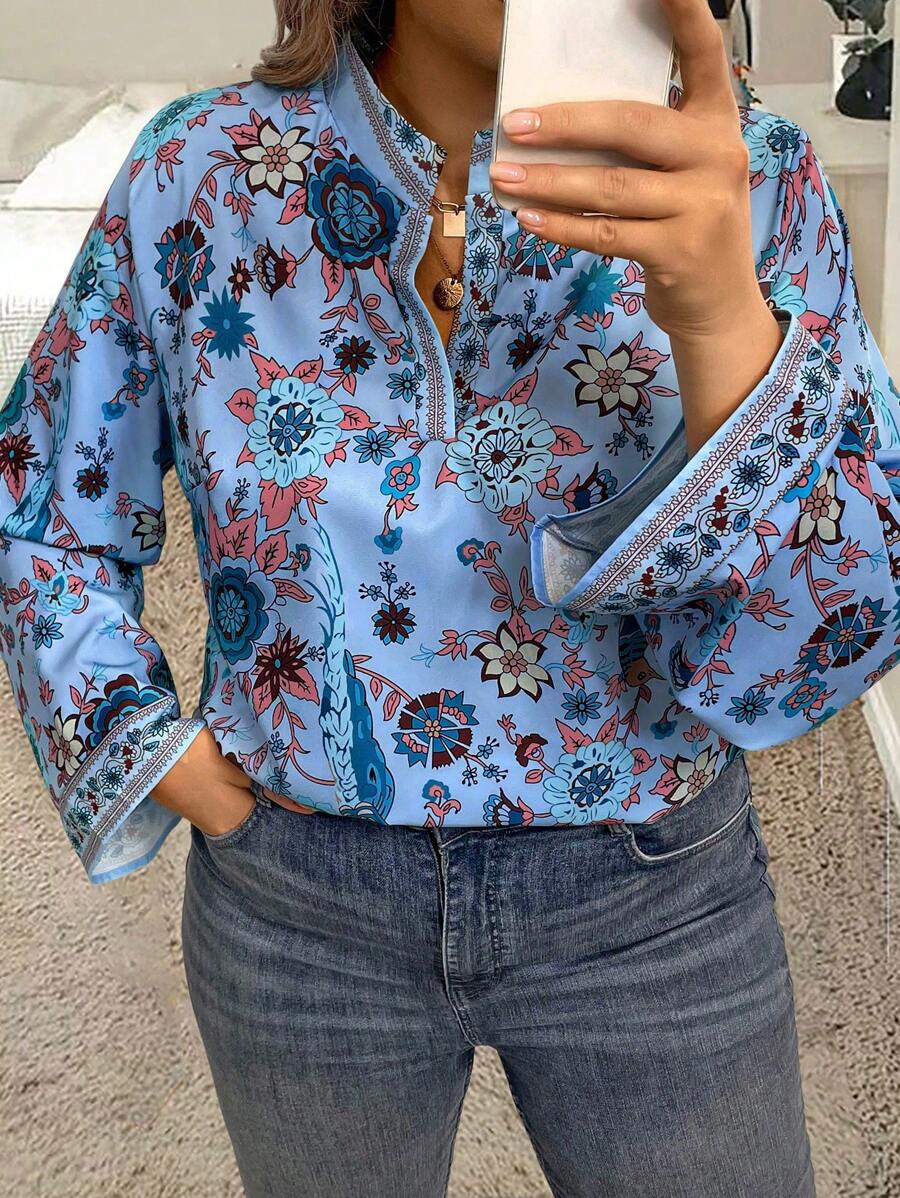 Breezaya 加大尺碼全印花凹口領長袖上衣