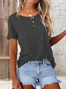SHEIN LUNE Women's Casual Short Sleeve Buttoned T-Shirt For Summer