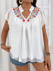 Flirla Plus Size Summer Floral Print V-Neck Blouse With Short Flutter Sleeves - Beige - View 3