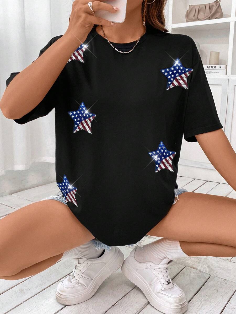 SHEIN Unity Women's Summer Casual T-Shirt With Glittery Star Print And Round Neckline - Black - View 1