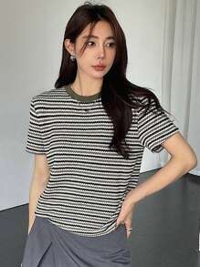 Dazy-Less 女士拼色格子短袖T恤老款夏季商务休闲女士工作服