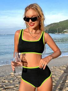 SHEIN Swim Women's Summer Beach Contrast Neon Trim Casual Bikini Set, Bathing Suit