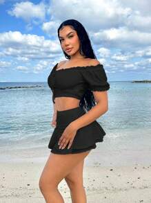 SHEIN SXY 海滩；夏季度假服装公主袖荷叶边假日白色两件套 - 黑色 - 查看 6