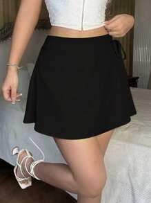 SHEIN Unity Falda-short casula para verano, de nudo a la cintura y unicolor - Negro - Ver 1