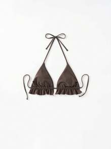 Swim Mod Bãi biển mùa hè dành cho nữ Màu trơn viền dây buộc dây buộc cổ Bikini gợi cảm - màu nâu - Xem 4