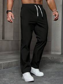 Manfinity Roughcore Quần dài nam màu trơn có dây rút, túi eo, quần đen nam, quần ống đứng nam, quần thường ngày nam, quần nỉ nam, cho mùa thu - màu đen - Xem 4