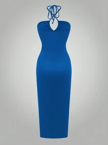 Chiquease Đầm Maxi hở lưng gợi cảm không tay màu đen cho nữ - Xanh đậm - Xem 2