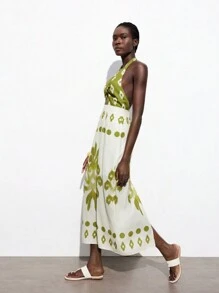 Maija 女士几何印花长裙，腰部镂空，露背领，夏季假日风格 - 彩色 - 查看 2