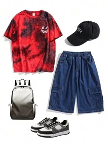 SHEIN 青少年男孩夏季休閒水洗印染表情短袖襯衫和牛仔短褲套裝 - 彩色 - 查看 1