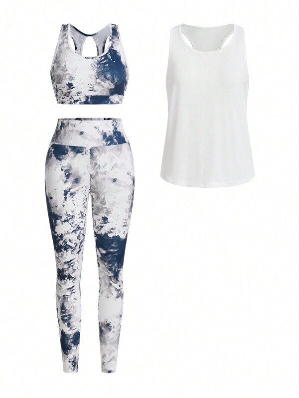 SHEIN Sport Studio Black Loose Vest + Printed Tight Vest + Printed Tight Long Pants Three-Piece Setwomen Workout Set Women Leggings Set