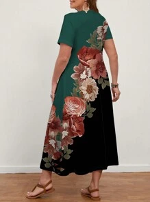 EMERY ROSE 女式加大码玫瑰花朵印花短袖长裙，适合夏季 - 墨綠色 - 查看 2