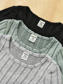 SHEIN 3 Bộ áo dài tay màu trơn dệt kim dễ thương cho bé gái có độ co giãn - Nhiều màu - Xem 3