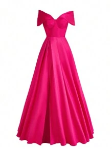 Glamrae Elegant Luxurious Satin Off Shoulder Bow Collar, Small V-Neck Waist Pintuck Thigh-High Slit Back Tie Formal Gown For Party, Wedding, Graduation - Hot Pink - View 2