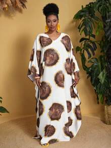 Slaydiva Robe longue ample à col V pour femmes grandes tailles avec imprimé - Z - Tabac - Voir 6