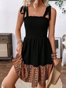 Breezaya Contrast Color Spliced Shirred Dress With A Tie