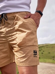 In My Nature Men's Loose Fit Outdoor Shorts With Drawstring Waist And Letter Print - Khaki - View 2