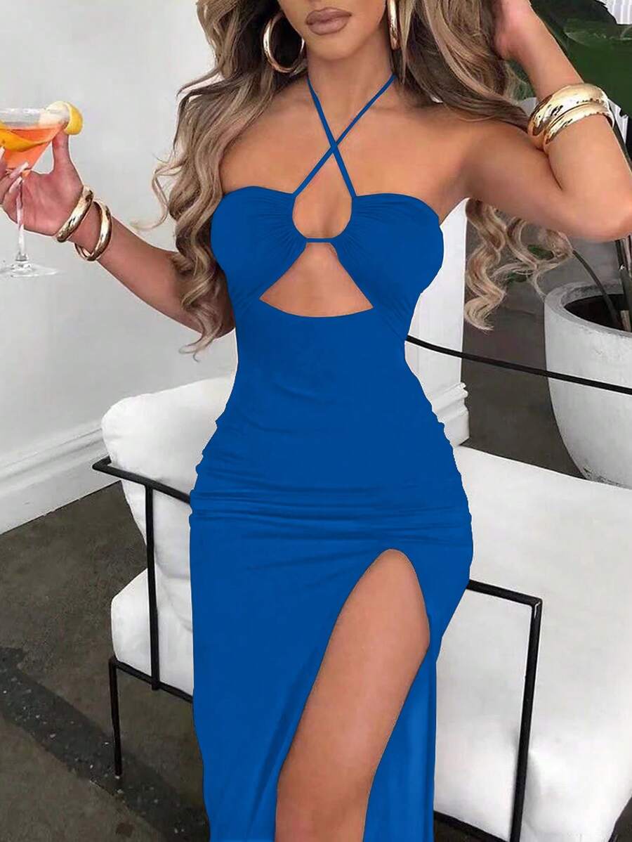 Chiquease Đầm Maxi hở lưng gợi cảm không tay màu đen cho nữ - Xanh đậm - Xem 1