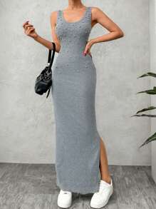 EURMUSE Stone Diamond Embellishment Women's Long Rib Dress - Dark Grey - View 5