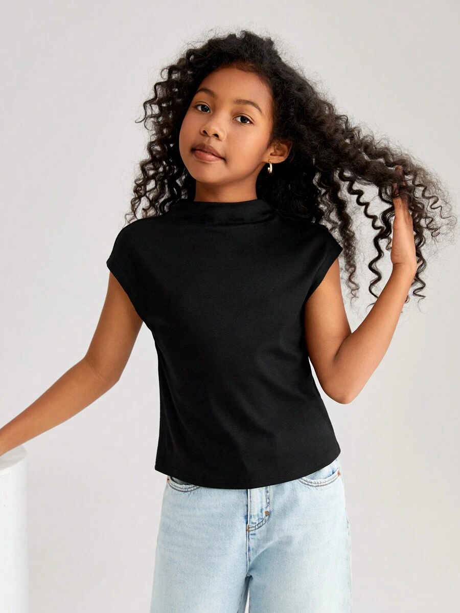 少女休閒春夏針織純色半高領短袖上衣 - 黑色 - 查看 1