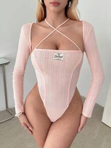 SHEIN ICON Body de manga larga para mujer de unicolor con tirantes cruzados en el cuello y parche decorativo - Rosa - Ver 6