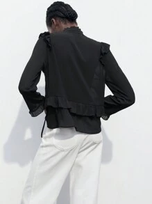 Maija 女士优雅纯色荷叶边下摆长袖衬衫，春夏，长袖上衣