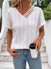 INAWLY Women's Short Sleeve Asymmetric Neckline Hollow Out Embroidered Solid Color T-Shirt